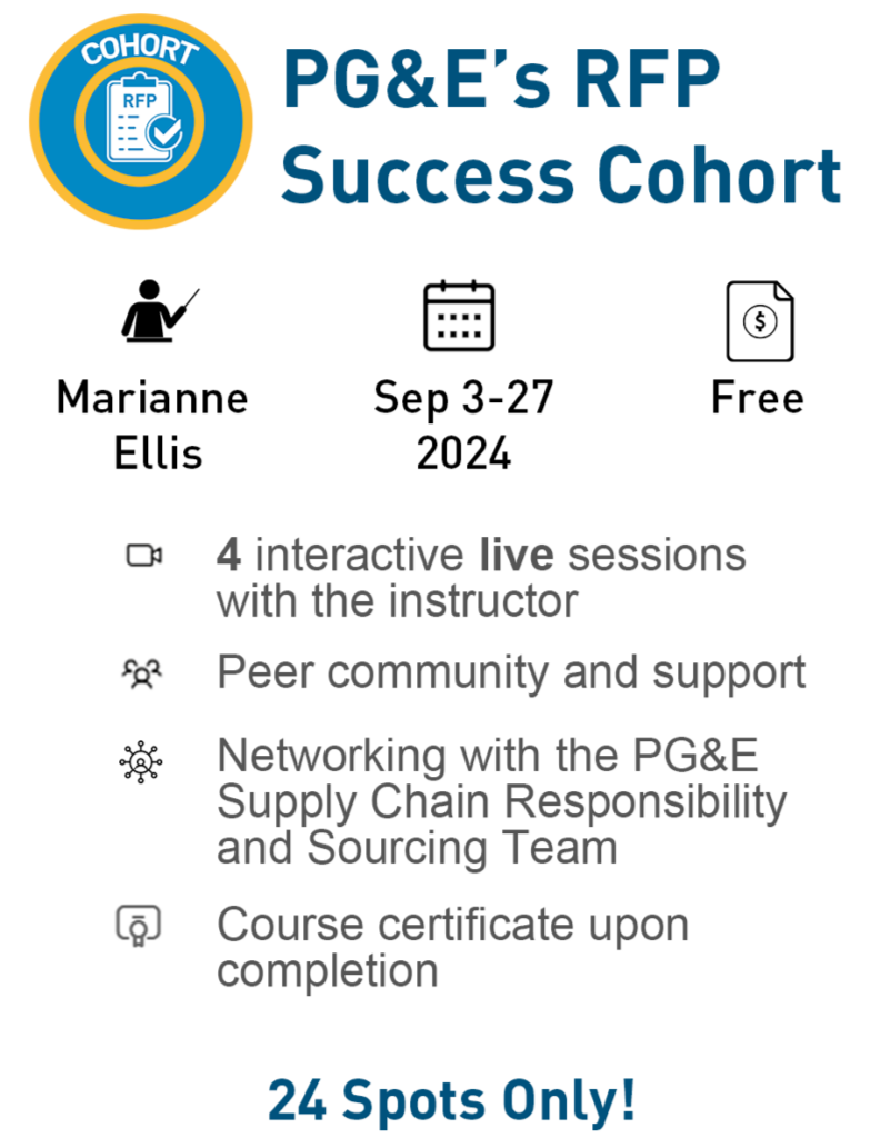 RFP Success Cohort: It includes a circular logo with the word 'COHORT' and an RFP checklist icon. Key details are listed: 'Marianne Ellis' as the instructor, the dates 'Sep 3–27, 2024,' and 'Free' participation. Features include '4 interactive live sessions with the instructor,' 'Peer community and support,' 'Networking with the PG&E Supply Chain Responsibility and Sourcing Team,' and 'Course certificate upon completion.' At the bottom, it emphasizes '24 Spots Only!' in bold blue text."
